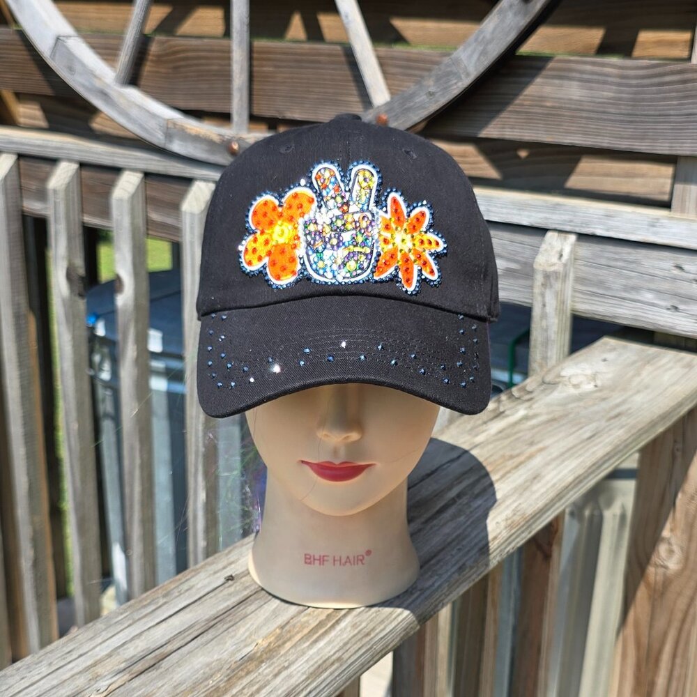 Ladies Black Peace & Flowers BLING Hat NEW
